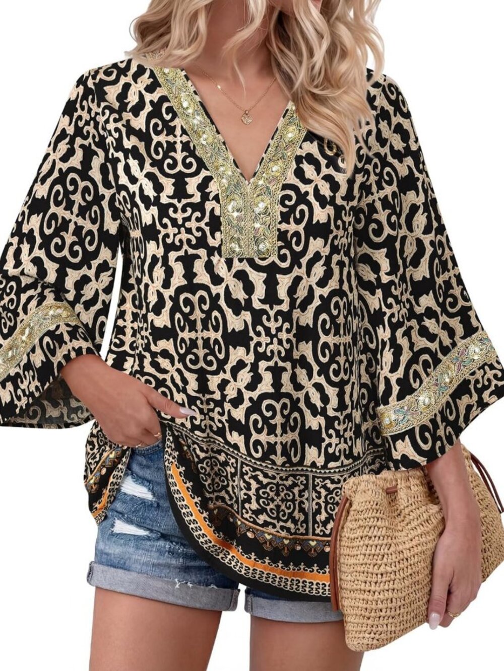 Embroidered V Neck Boho Blouse | 3/4 Sleeve Dressy Casual Tunic Top for Women